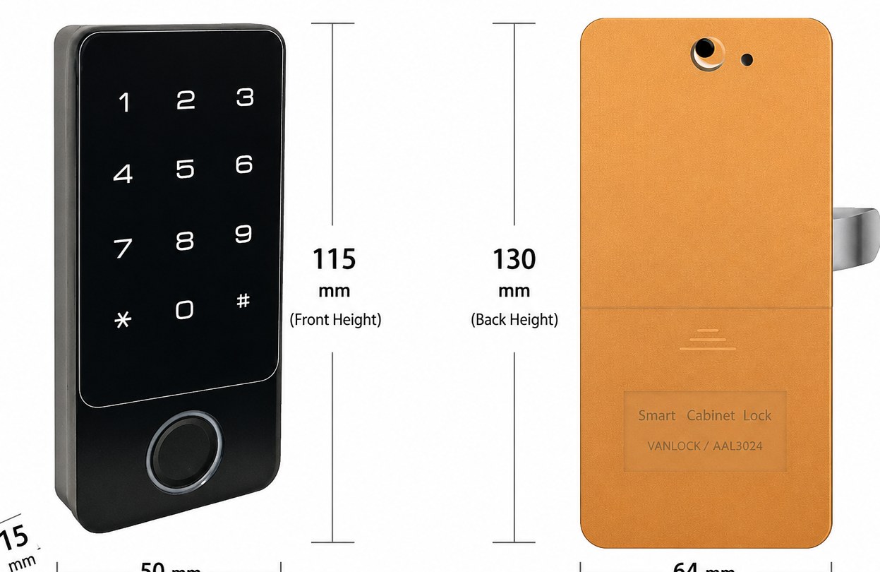 EZ2C Smart Cabinet Lock — keypad and fingerprint front panel with waterproof rear unit