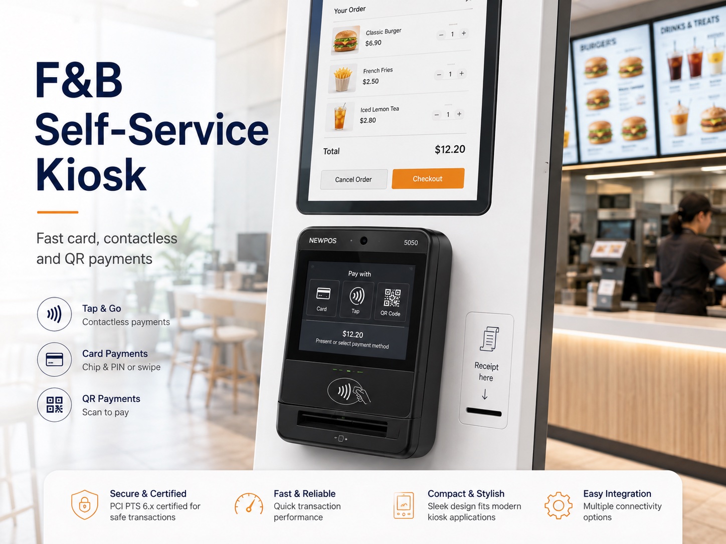 EZ2C5010 POS mounted on an F&B self-service ordering kiosk