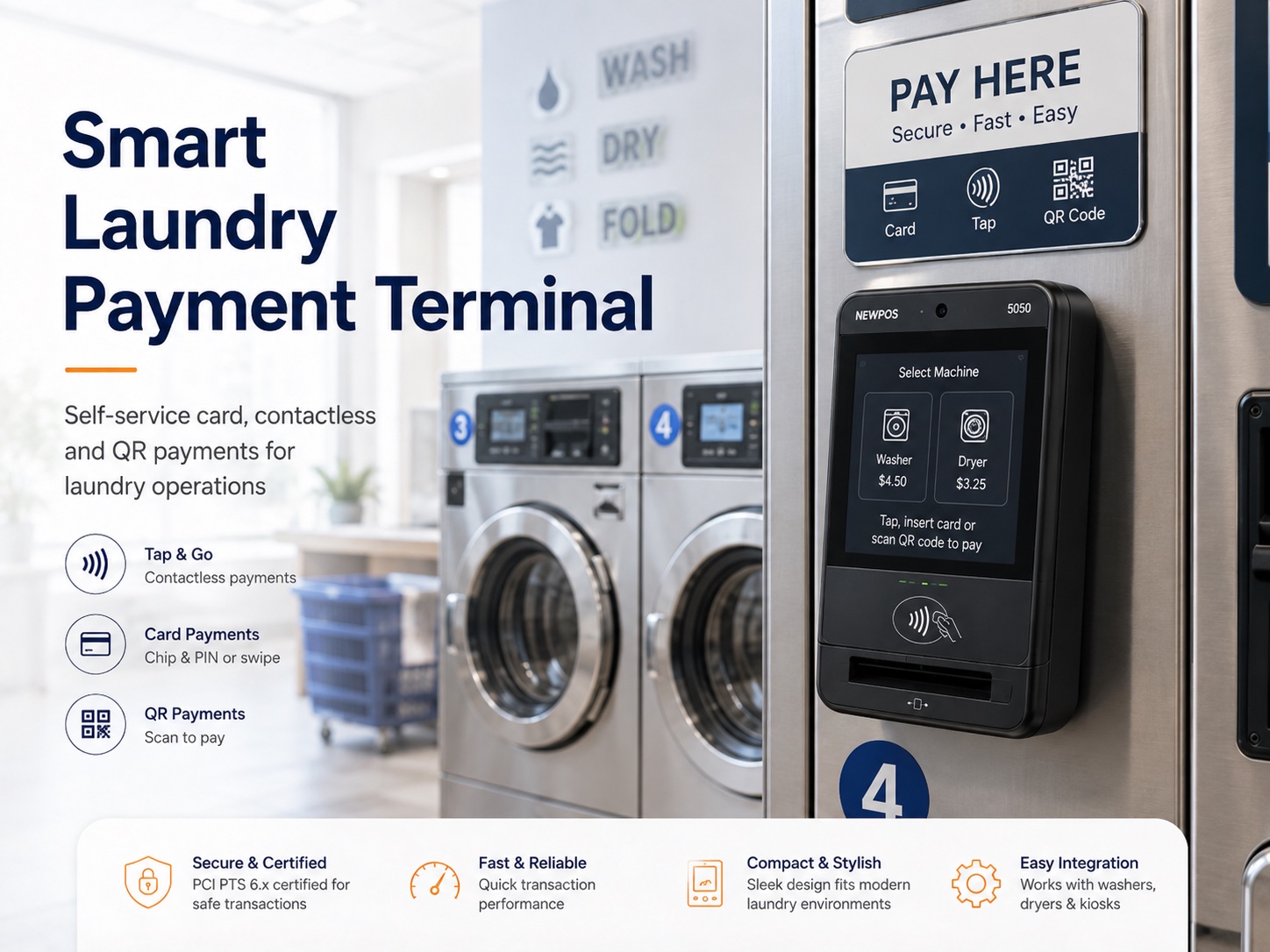Smart laundry payment terminal mounted on a washer, showing machine selection