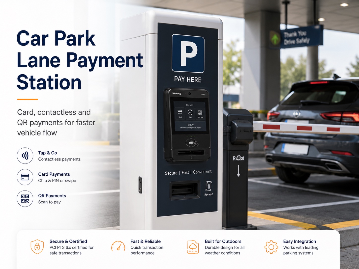 Carpark lane payment station with EZ2C5010 POS beside the barrier gate
